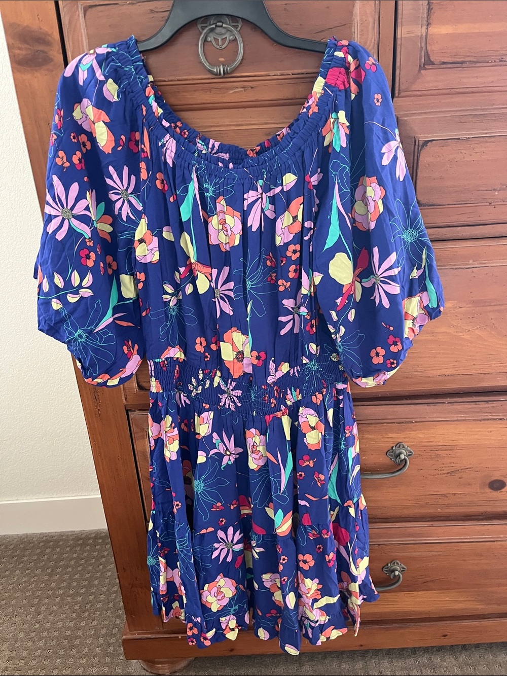 Blue Floral Midi Dress with Smocked Waist
